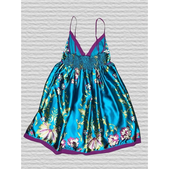 Vtg Y2K Wet Sea Satin Babydoll Mini Slip Dress MED Teal Purple Floral Smocked - Picture 9 of 11